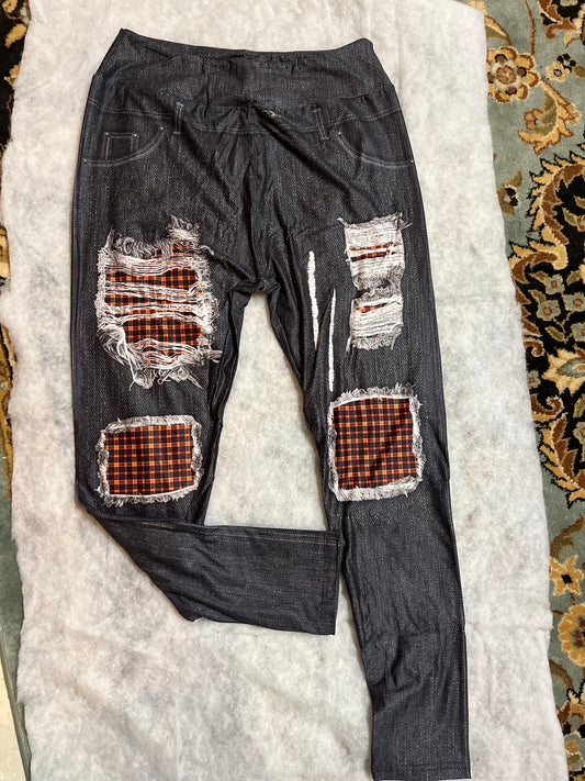 Black Denim w/ Orange Plaid full length Leggings