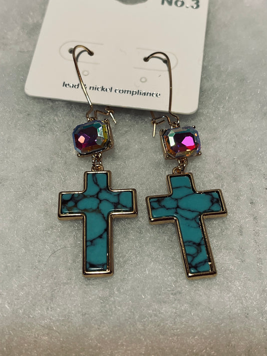 Turquoise Bling Cross Earrings