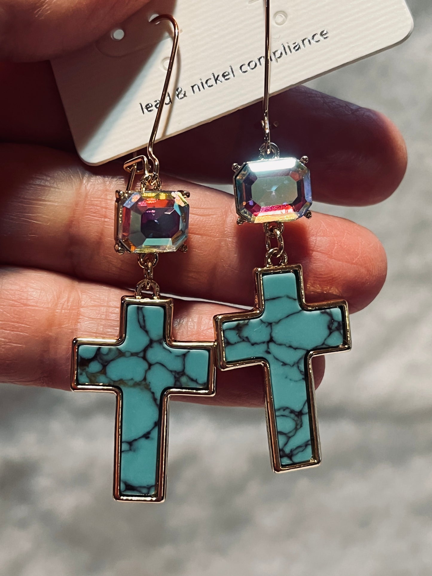 Turquoise Bling Cross Earrings