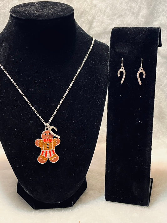 Glitter Gingerbread Man Necklace and Earring Set