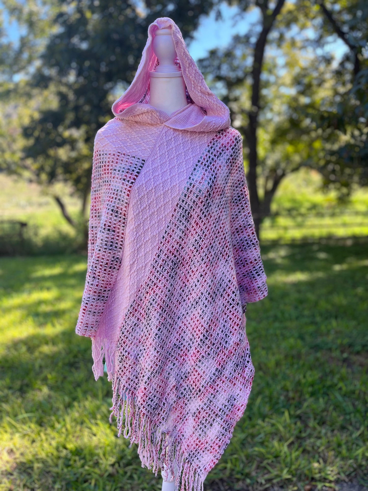 Calgary Hooded Pink Knit Poncho