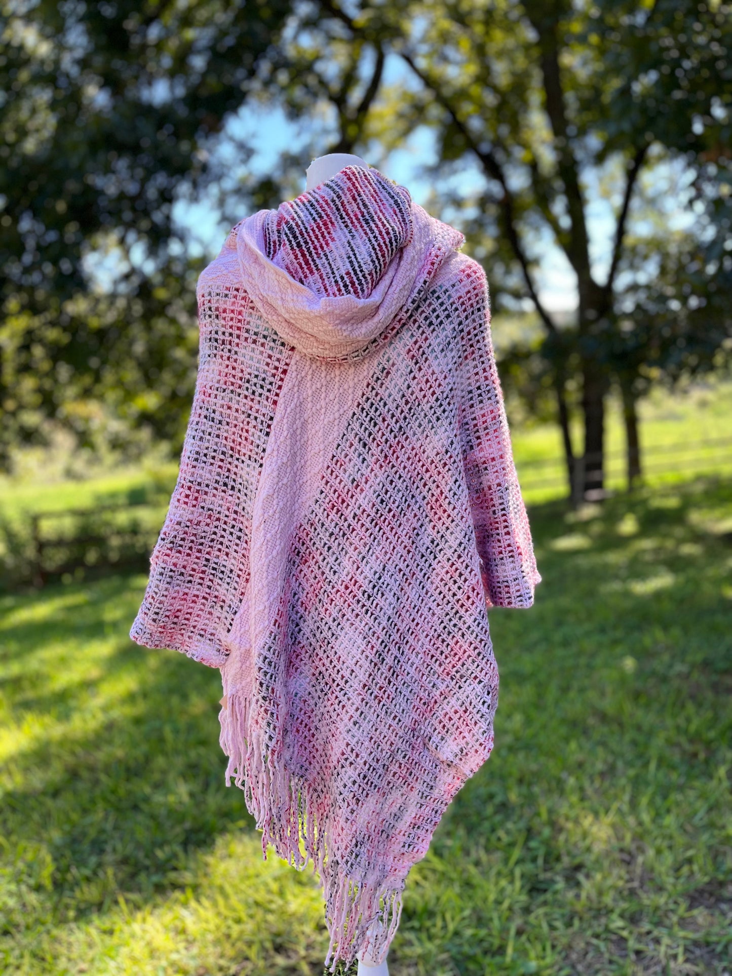 Calgary Hooded Pink Knit Poncho